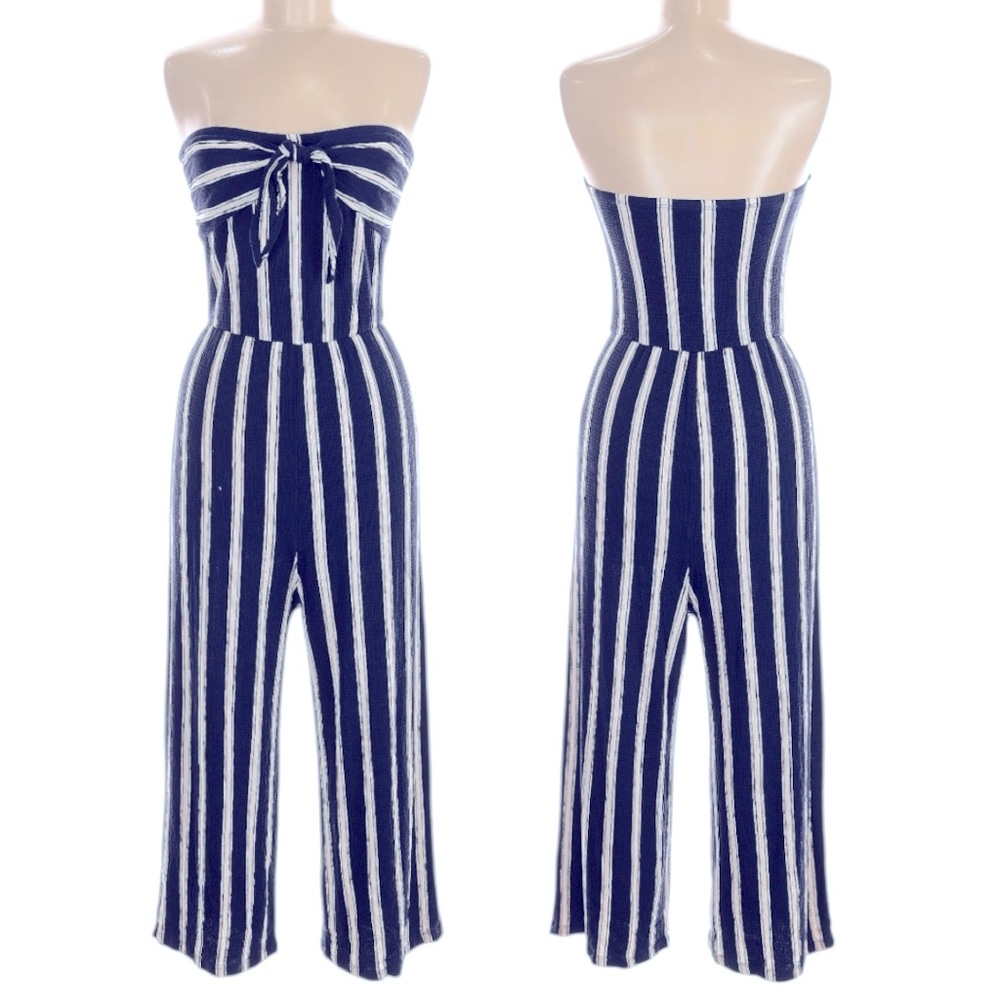 Love Tree Blue & White Striped Strapless Pants Jumpsuit